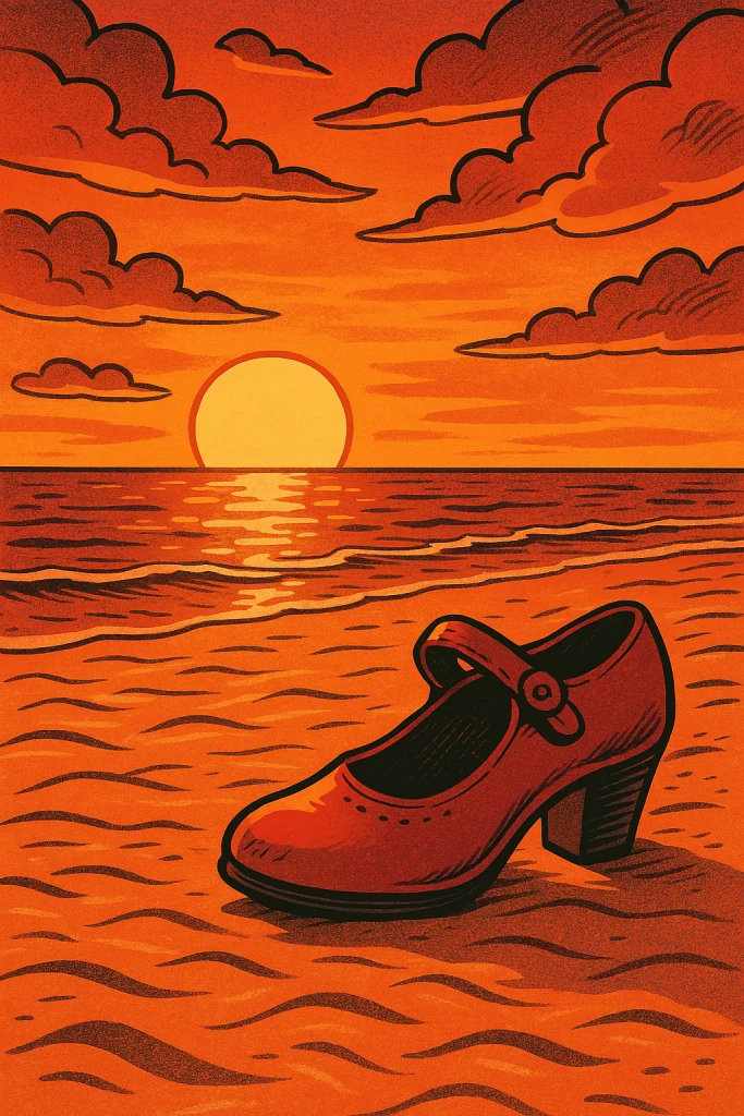 Bota flamenca en la arena junto a una puesta de sol